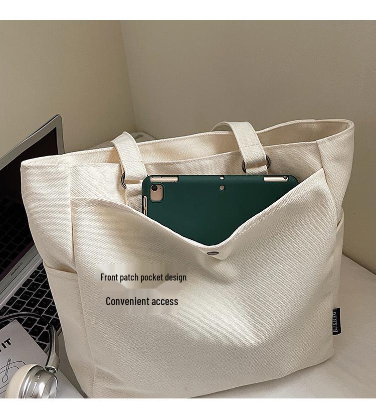 Korean Style Large Capacity Canvas Tote Bag - Lightweight, Solid Color, Shoulder Handbag with Print Logo