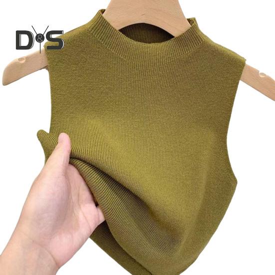 Women Knitted Vest Tops Slim Fit Half-High Collar Sleeveless Top Solid Color Stretchy Knit Blouse Daily Wear