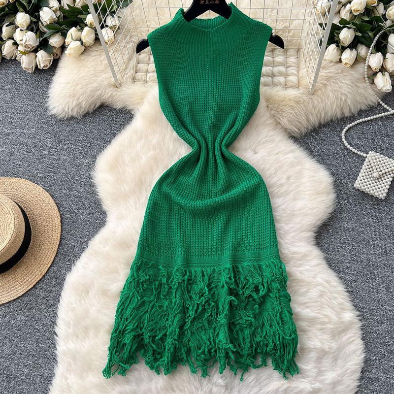Summer European & American Knitted Dress: Sexy Sleeveless Tassel Short Skirt, Hollow-Out Patchwork, Slim-Fit Design