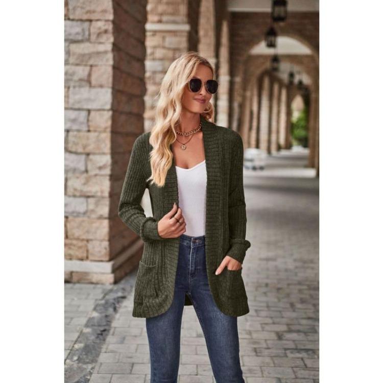 Women's Versatile Long Sleeve Cardigan Solid Color Pocket Spring Fall Clothing