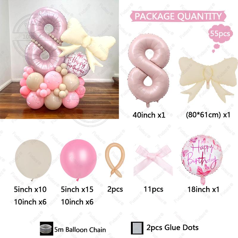 55PCS Pink Bow Theme Bouquet Balloon Set with 40inch Pink Number Girl First Birthday Party Decoration Baby Shower Helium Globos
