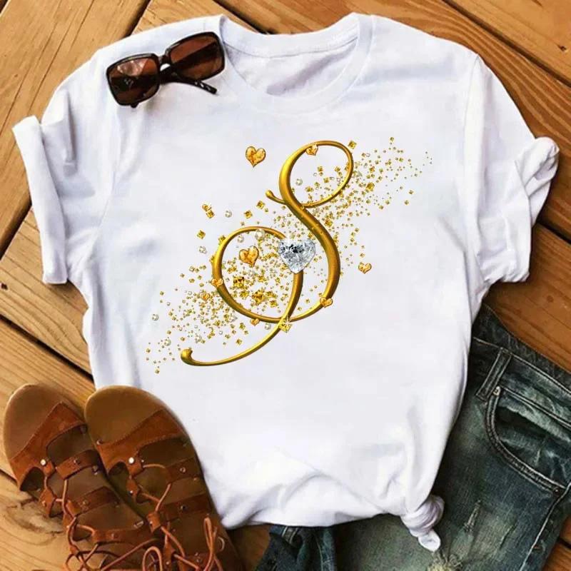 A letter combination Tshirt with a custom name suitable for short sleeved women's clothing with gold diamond letter font ABCDEF