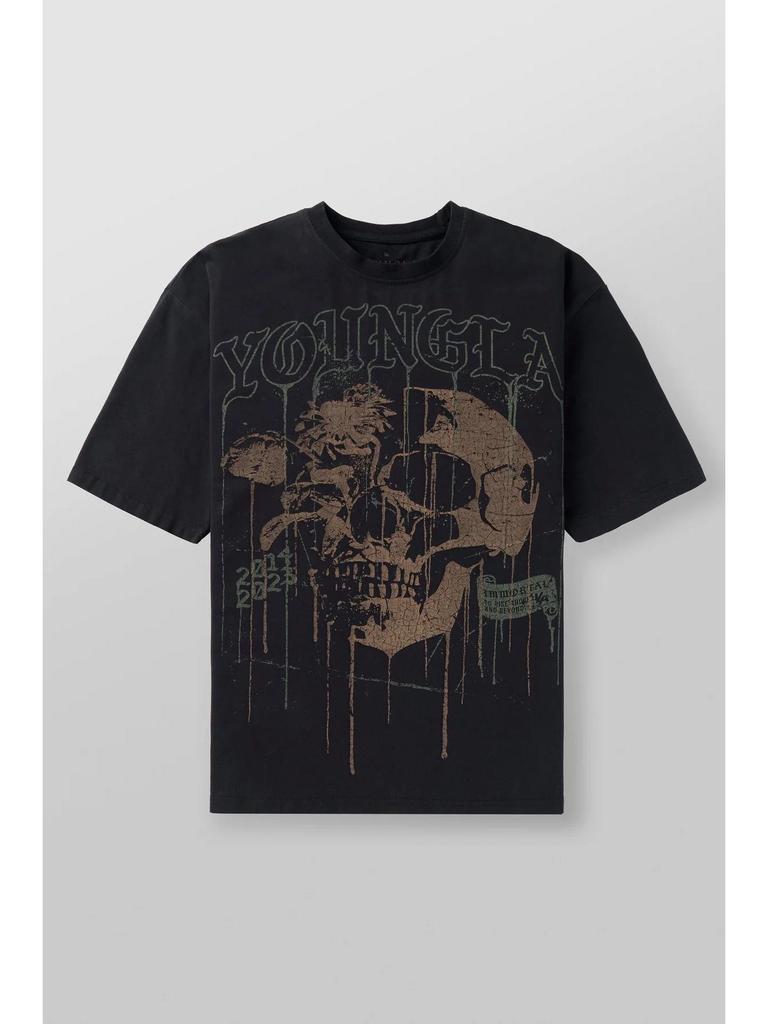 Pánské letní bavlněné tričko YOUNG LA s potiskem lebky, volného střihu - kulatý výstřih, krátký rukáv, fitness a běžecké oblečení