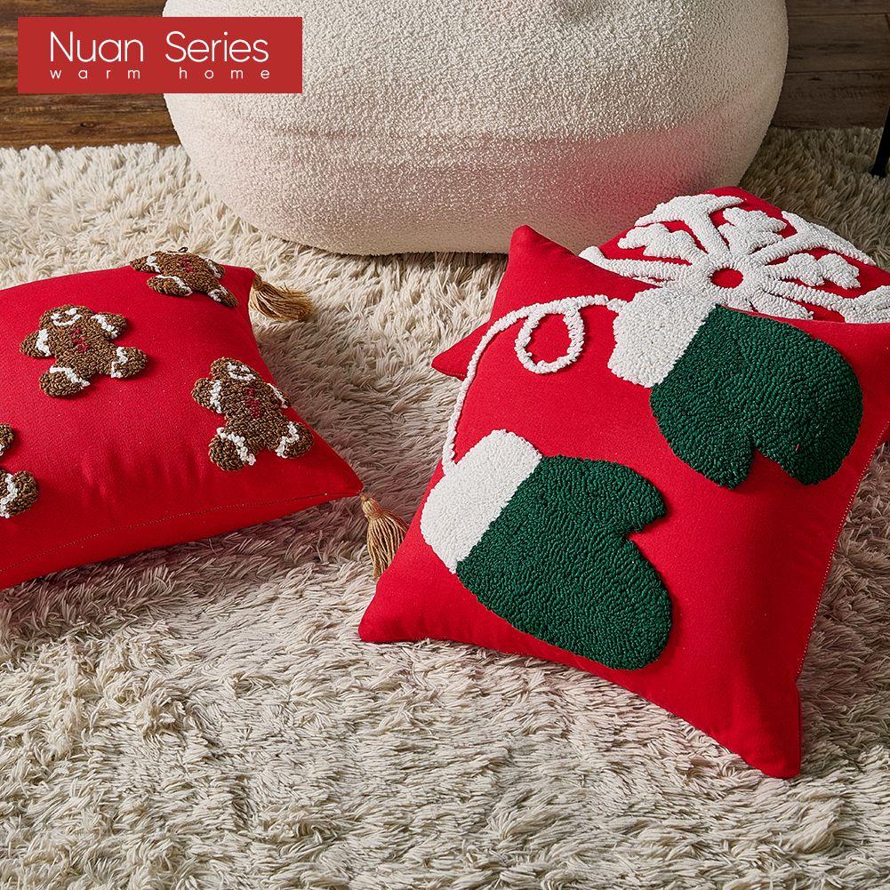 1PC Nuan Series Fashionable and Versatile Christmas Style Red Pillowcase Plush Embroidery Soft Cushion Cover for Sofa Living Room Bedroom Home Decor