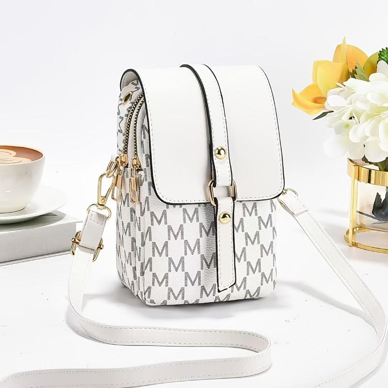 Fashion Monogram M Pattern Mini Crossbody Bag, Gold Hardware Flap Purse with Adjustable Strap, Chic Compact Bucket Bag for Women