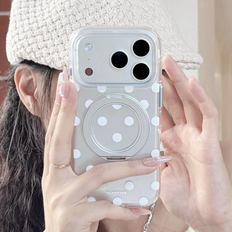 Transparent Matte Phone Case With White Polka Dots IPhone 17 16 Pro Max 15 Series 360 Rotating Stand Soft TPU Shockproof Cover