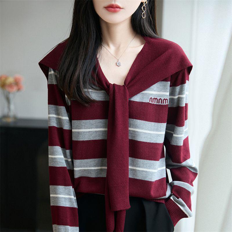 

Plus Size V-Neck Striped Two-Piece Shawl Sweater - Women s Autumn/Winter Loose Long Sleeve Pullover M (suggested 90-100 jin) бордовый