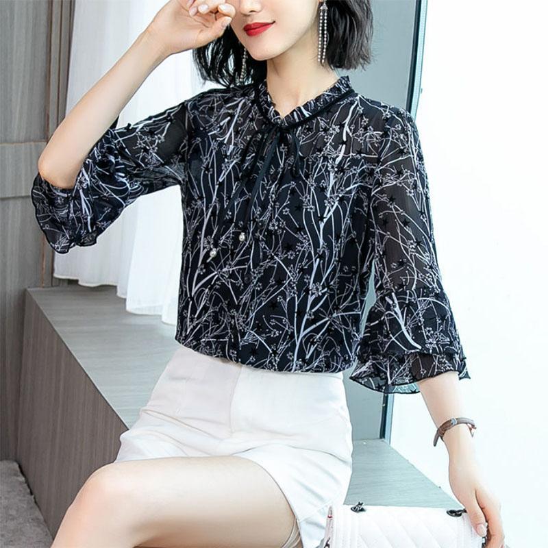 

Шифоновая рубашка, женская рубашка с грибковым воротником и цветочным принтом, маленькая рубашка, элегантная нижняя рубашка XXXXL