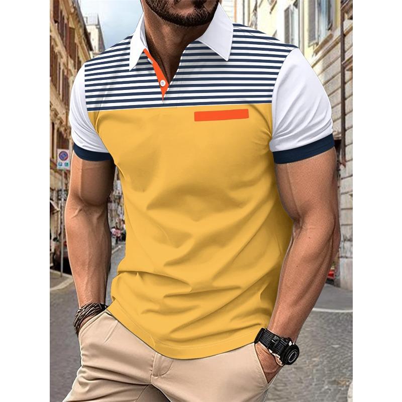 Men’s summer casual printed striped short-sleeved polo shirt with faux pockets and a lapel