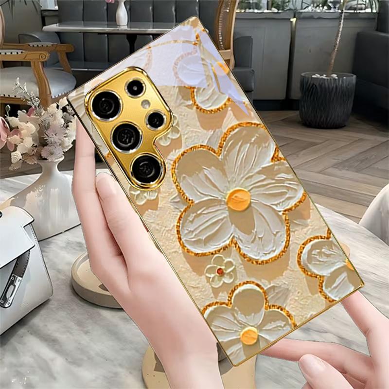 Textured White Flora Electroplated Golden Phone Case For Samsung S22 Ultra S21 S20 FE S23 Plus S24 S25 S26 Note10 20 Glass Cover