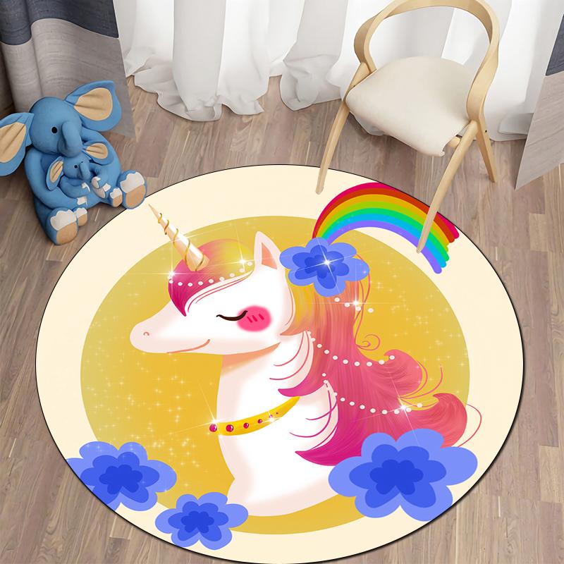 Alfombra redonda con bonitos dibujos de unicornios para dormitorio de niños, alfombra antideslizante para gatear, alfombra para sala de estar, felpudo decorativo para el baño