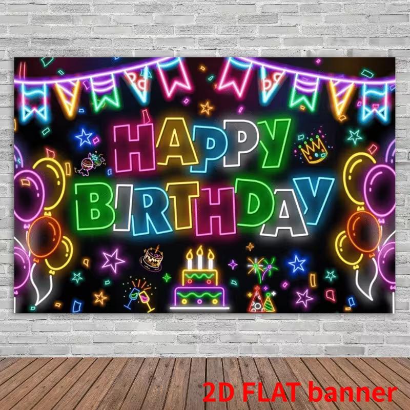 

2D Blacklight Happy Birthday Backdrop - Neon Light & Balloon Banner for Glow Themed Birthday Photoshoot 47.2x31.5inch/120*80cm