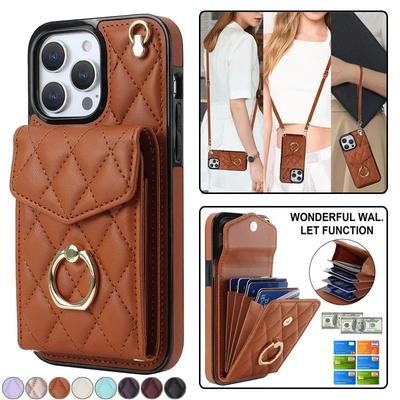 Crossbody Lanyard Leather Wallet Card Phone Case for iPhone 17 Air 16E 16 15 Pro Max 14 Plus 13 12 11 X XS XR Ring Flip Cover