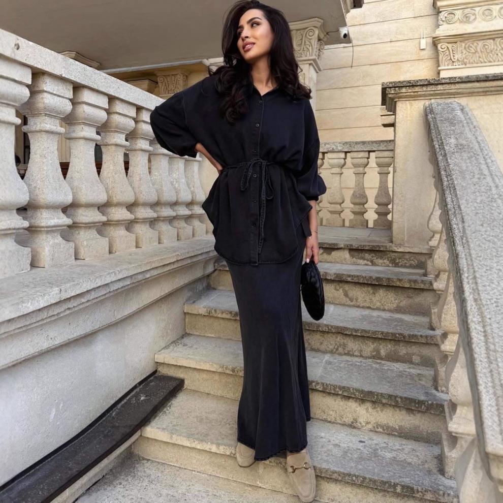 European American Fall/Winter 2025 Fashion: Loose Shirt, Tie, Coat, Denim Skirt Set for Women