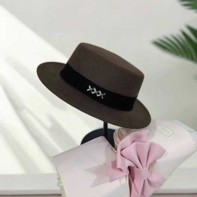 Top Hat Autumn and Winter Flat Hat French Retro Fashion Felt Hat Fashion Versatile Flat Elegant Hat Women's Winter Self-operated