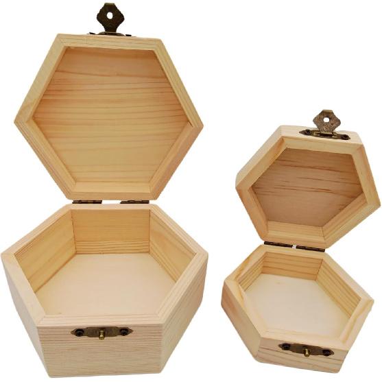 2 Pack Plain Unfinished Wooden Box, Hexagon Unpainted Wooden Jewellry Box DIY Storage Chest Treasure Case for Home Table Decoration