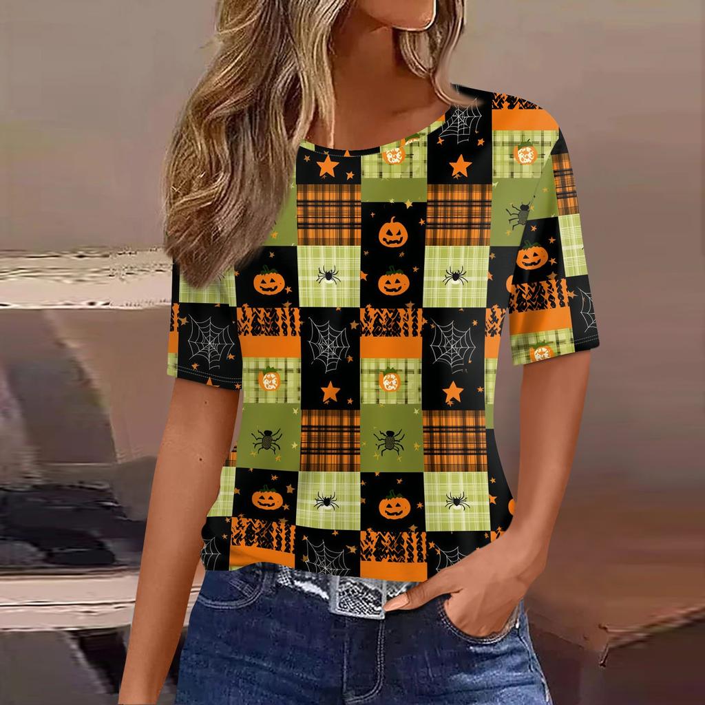 Women's Short Sleeve Halloween and Pumpkin Print T-Shirt, Casual Round Neck Pullover Top for Women