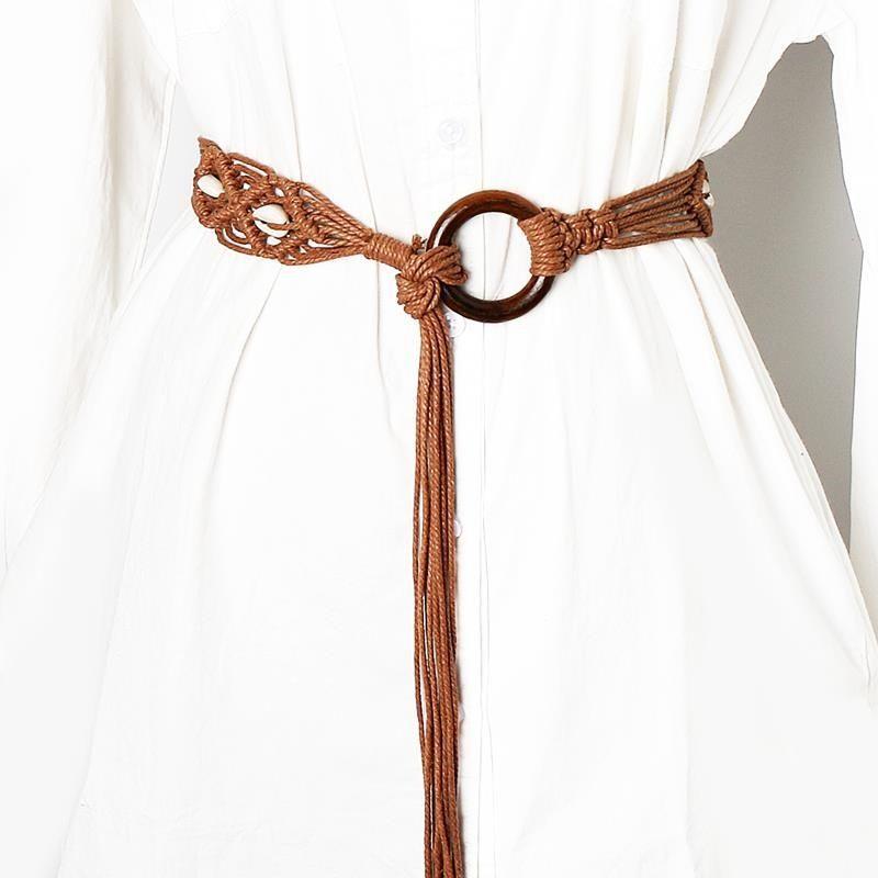 Retro runder Schnallen gewebter breiter Gürtel, Damenrock schlicht und vielseitig dekoratives Kleid Fransen Seil Taillenkette, Accessoires