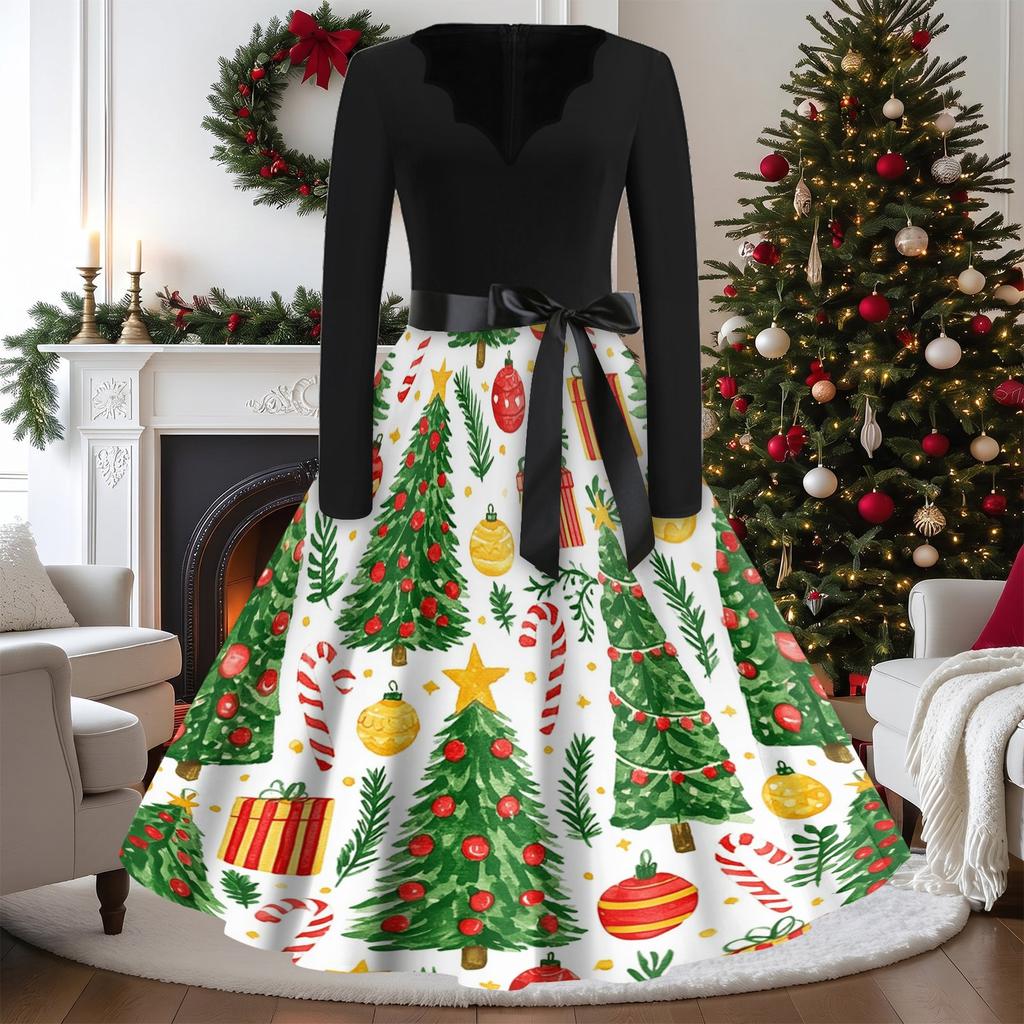 Women's Vintage Christmas Print V-Neck Long Sleeve Casual Dress