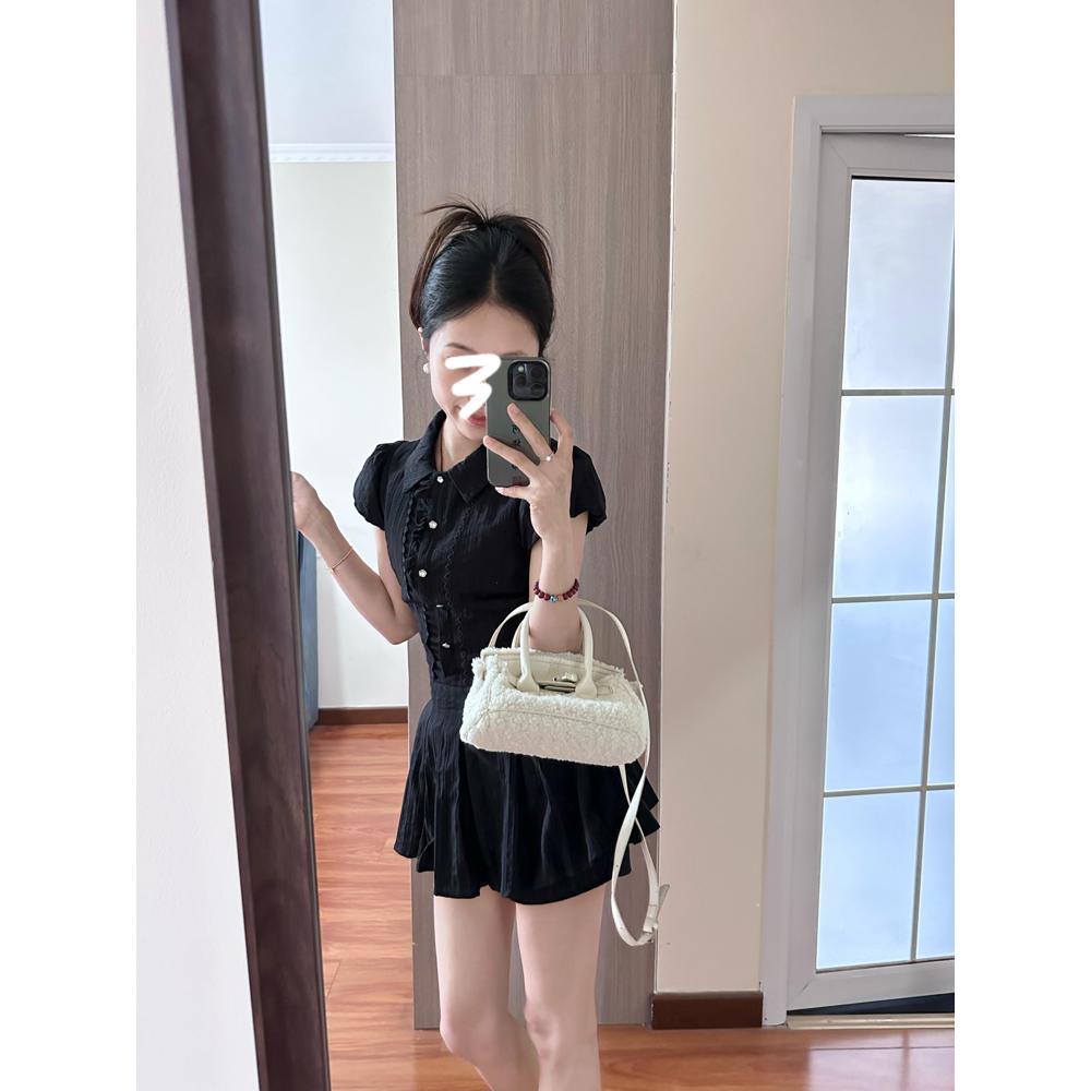 Preppy style white puff sleeve shirt dress women's summer temperament waist casual small woman sweet short skirt