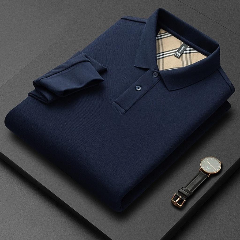 TrendHub New Men's  Cotton Business Long Sleeve Solid Color Polo Shirt Fashionable Warm Comfortable Autumn Winter Top