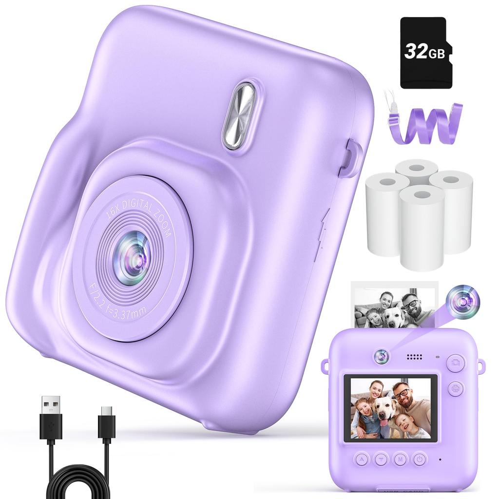 Fulealfly Instant Toy Camera for No Digital Camera with 1080P Compact 16x Digital Boys and Girls Christmas Includes 32G Memory Purple Kids, Games,