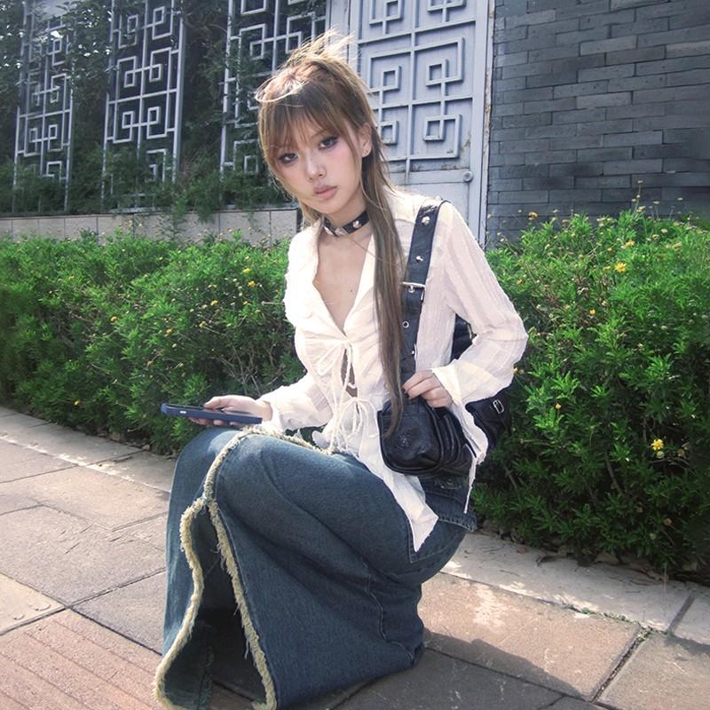 Y2k Aesthetics Pleated Shirt Fairycore Lace Up Blouse Trashy 2000s Style V-neck Shirt Irregular Japanese Harajuku 90s