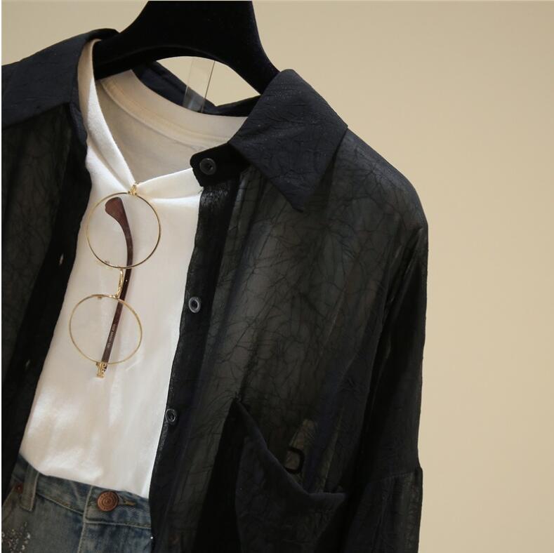 Solbeskyttelsesklær Dame Sommer tynn frakk Løs All-match Langermet chiffon cardigan skjorte