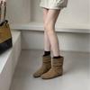 2025 Winter New Thick-soled Pleated Inner Sloping Heel Woven Suede Round Head Low Tube Thin Martin Women's Short Boots