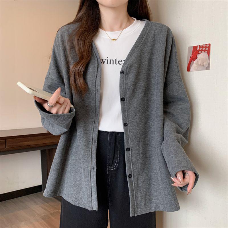 Gray Slimming Thin Cardigan Jacket - Loose, Versatile, Long-Sleeve Outerwear for Petite Women, Ideal for Early Autumn.