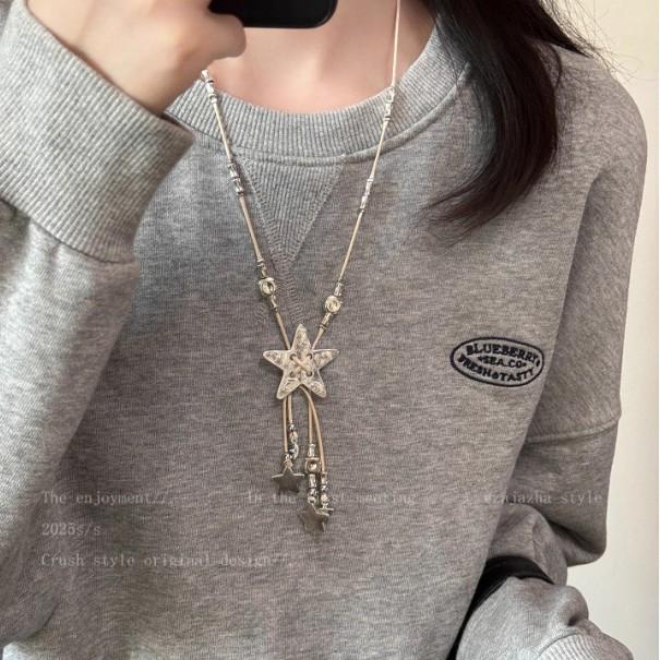 Retro Silver Star Fringed Necklace Female Niche Design Unique Personality Sweater Chain Sweet And Cool Versatile Long Accessories
