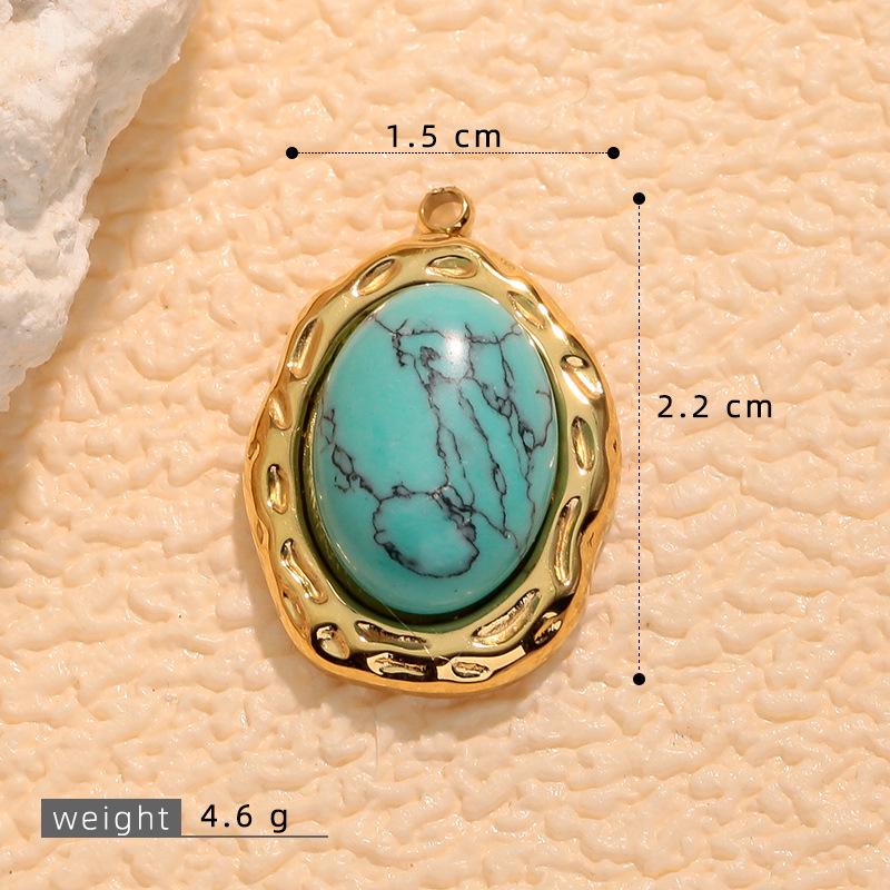 European Retro Turquoise Geometric Oval Pendant - Stainless & Titanium Steel Jewelry for Women