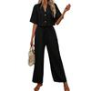 Damen Zweiteiler Lässig Locker Kurzarm Kragen Button-Down Oberteile und Elastischer Bund Kordelzug Weitbeinige Hosen