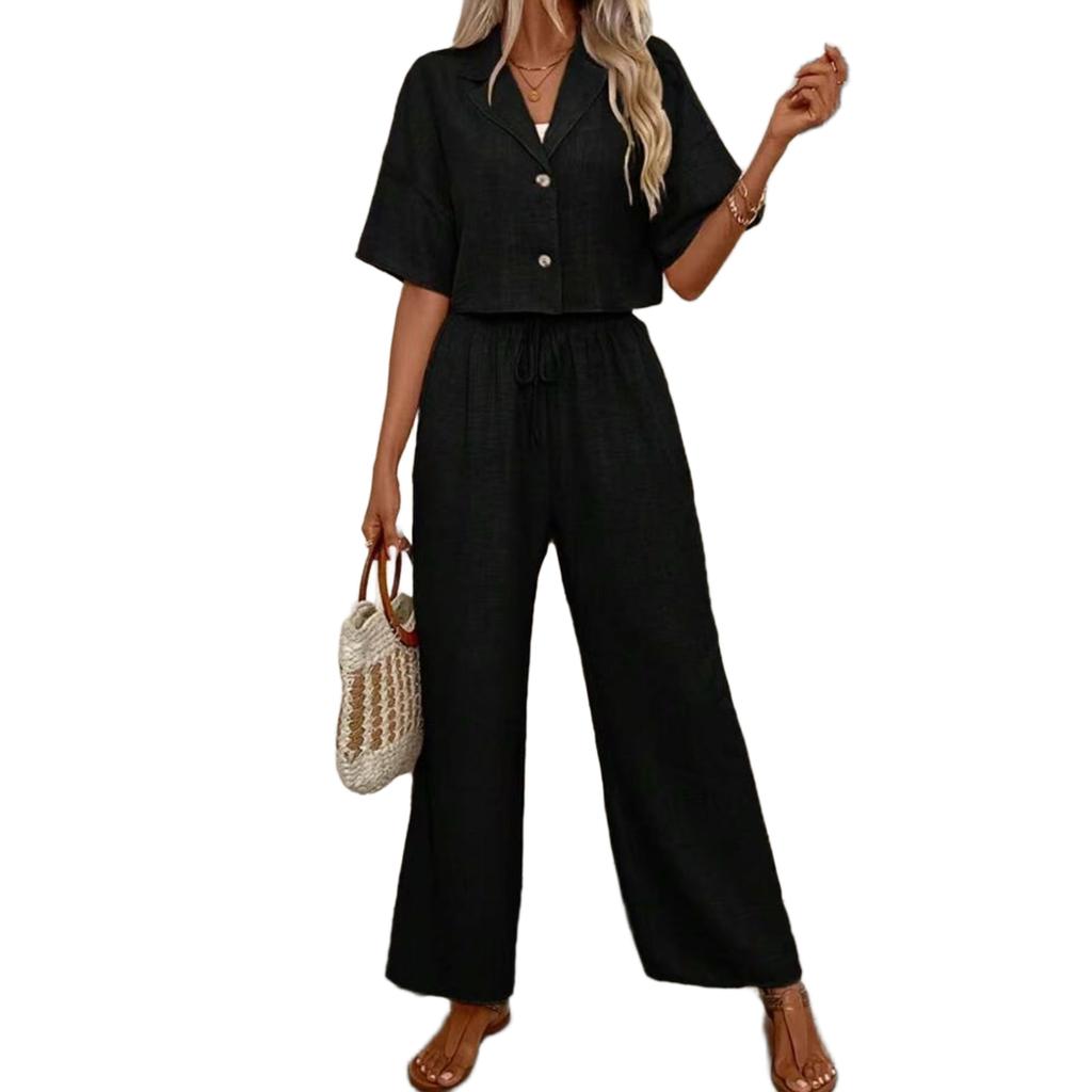Damen Zweiteiler Lässig Locker Kurzarm Kragen Button-Down Oberteile und Elastischer Bund Kordelzug Weitbeinige Hosen