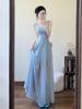 Elegant Blue Lace Camisole Slip Dress - Women's Summer 2026 Waist-Cinched Beach Resort Style Long Dress