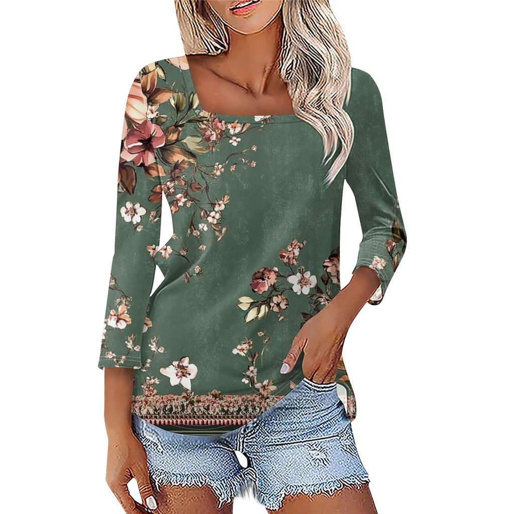 Women's T Shirt Tee Print 3/4 Sleeve Daily Weekend Fashion Basic Square Neck  Regular Top