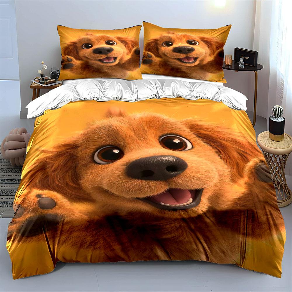 3Pcs Cute Golden Retriever Bedding Set, Adorable Puppy Face Print Duvet Cover + 2 Pillowcases, Dog Lover Decor