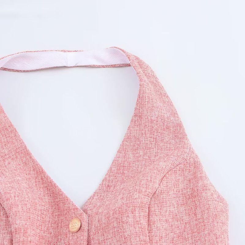 Kaslead New Women Clothes Western Style Graceful Tweed Stitching Pleat Hem Hanging Neck Dress