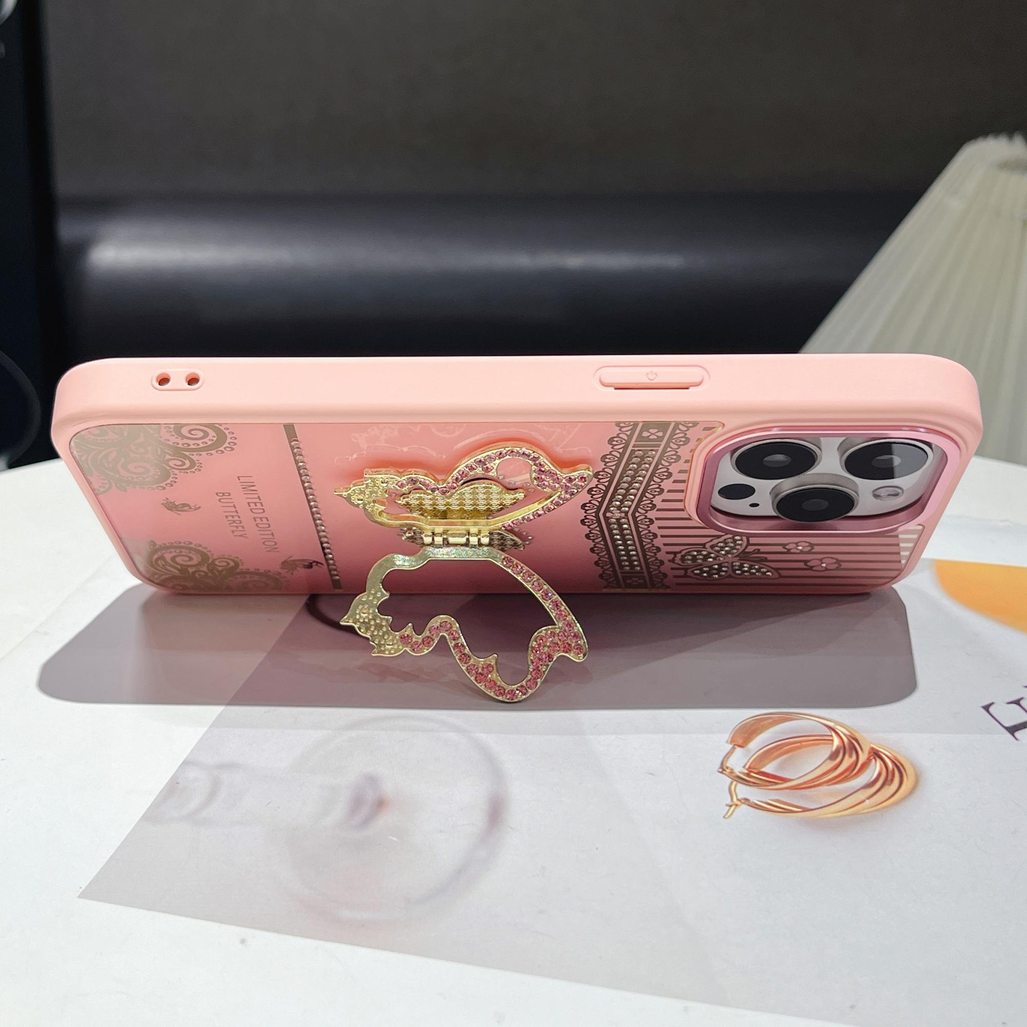 

For iPhone 16 Pro Max Case Butterfly Kickstand TPU+PC Phone Back Cover Rhinestone Decor Pink