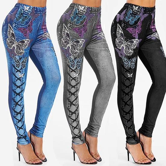 Kadın Yüksek Bel Kelebek Baskılı Bağcıklı Pantolon Esnek Koşu Spor Pantolonu