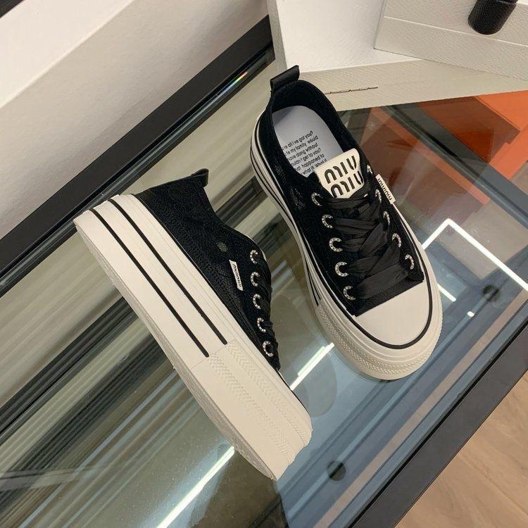 Muffin Thick-soled Lace Mesh Board Shoes Women's 2024 Spring and Summer New Casual Versatile Breathable College Style Heightening Single Shoes