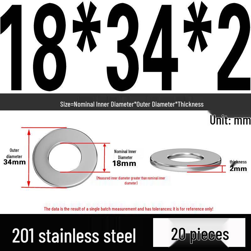 201 Stainless Steel Flat Washer Shim, GB97, Sizes M3 to M30