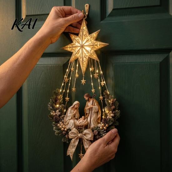 Hanging Star Decoration with Lights Lighted Nativity Door Swag, Bethlehem of Faith Wall Decor, Light-up Holy Illuminated Decor Family for Christmas