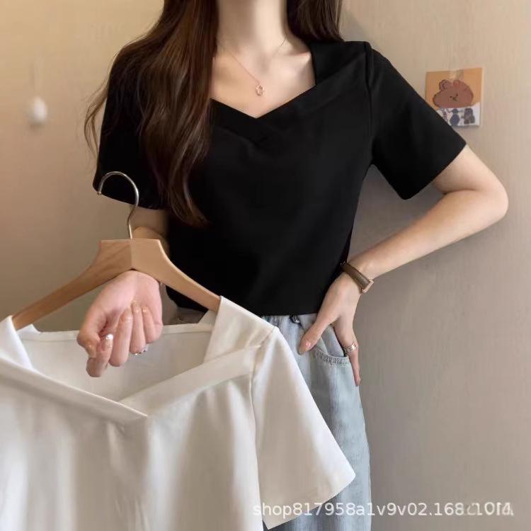 

2025 Black Square Neck Slimming Short Sleeve Women s Casual Loose T-Shirt Large