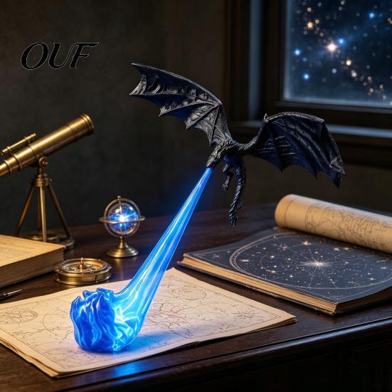 Durable PLA Dragon Model 3D Printed Fire-Breathing Bookshelf Decor, Fantasy Nook Light, Flying Figurine Theme Display with Flame, Halloween Shelf for