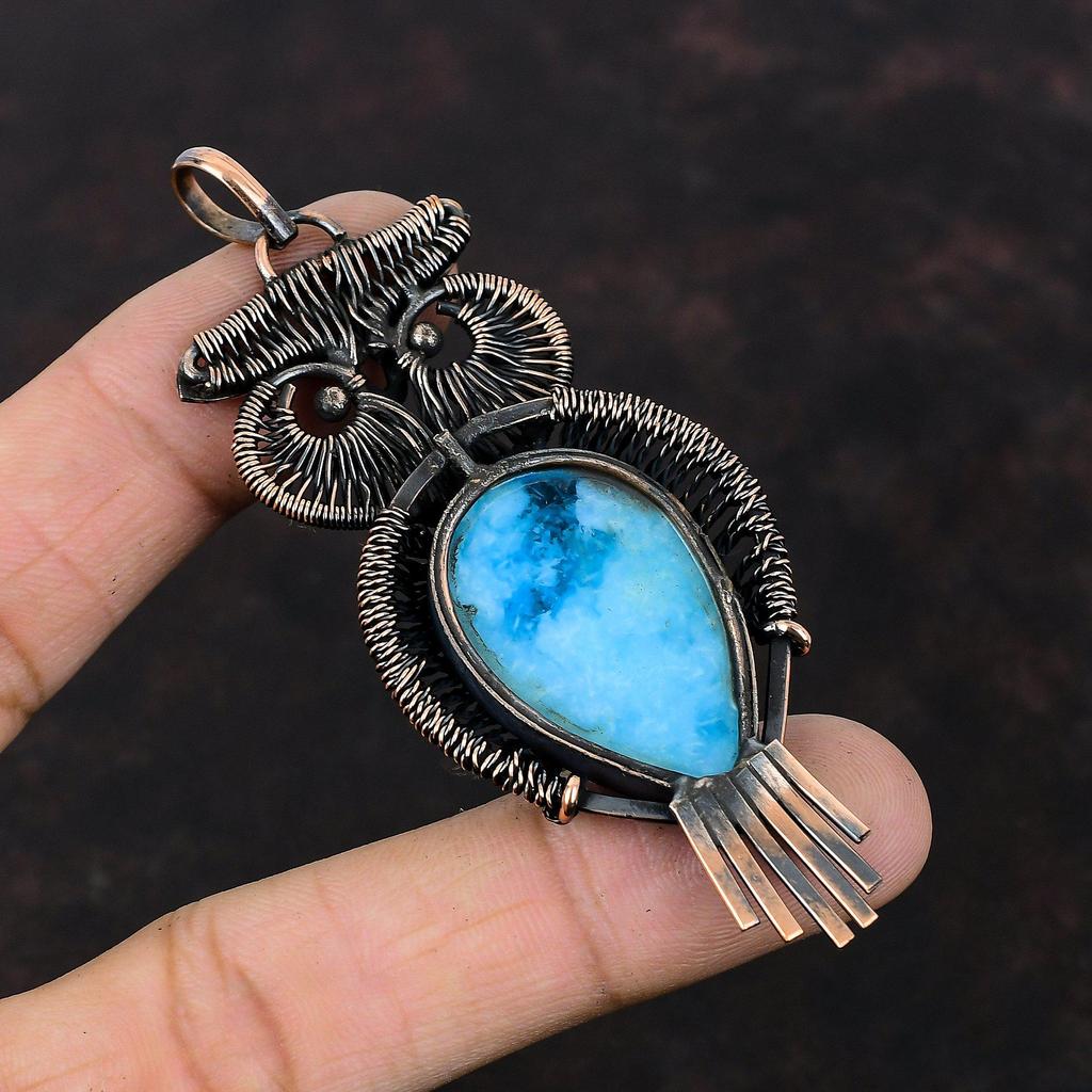 Smithsonite Pendant Copper Wire Wrapped Pendant Gemstone Pendant Very Pretty Copper Jewelry Handmade Owl Pendant Wire Wrap Jewelry For Gifts