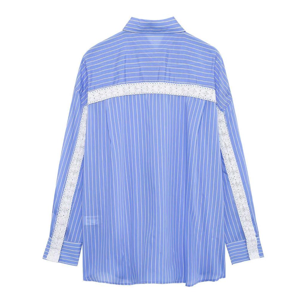 2025 Spring Women's Striped Poplin Loose Fit Shirt with Turn-Down Collar
