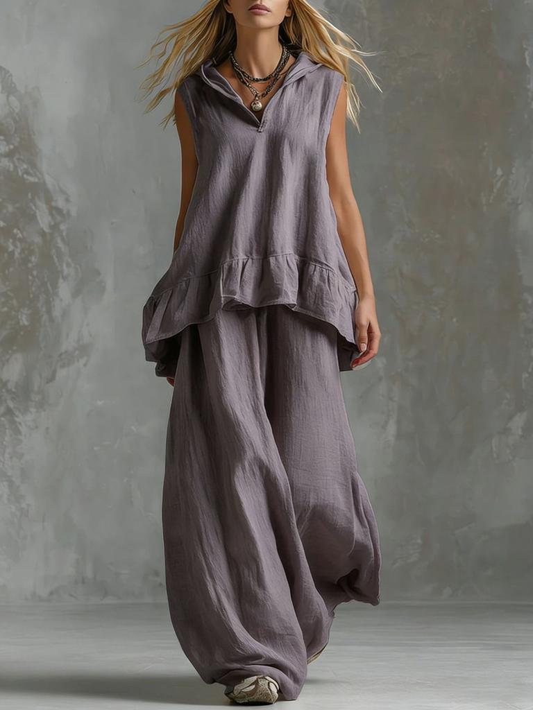 Sommer Neues Elegantes Mode Baumwoll Leinen Lässiges Ärmelloses Oberteil Weite Hosen Set