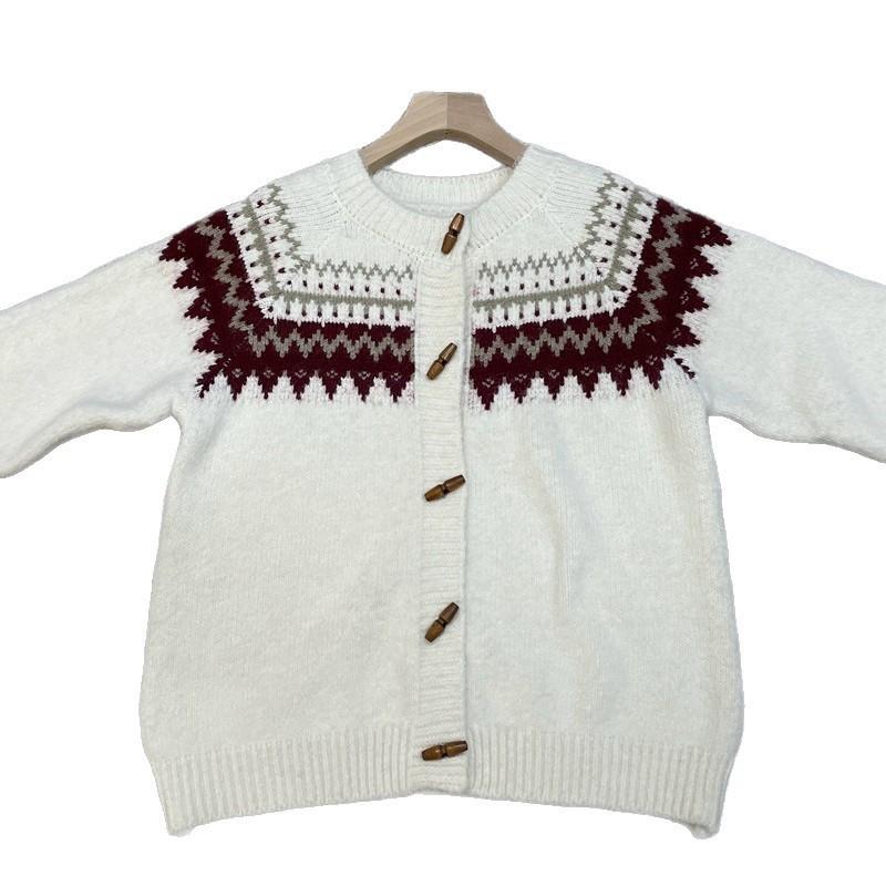 Womens Oversized Crewneck Cardigan Sweater With Colorblock Jacquard Acrylic Knit Open Front Top Fall Winter