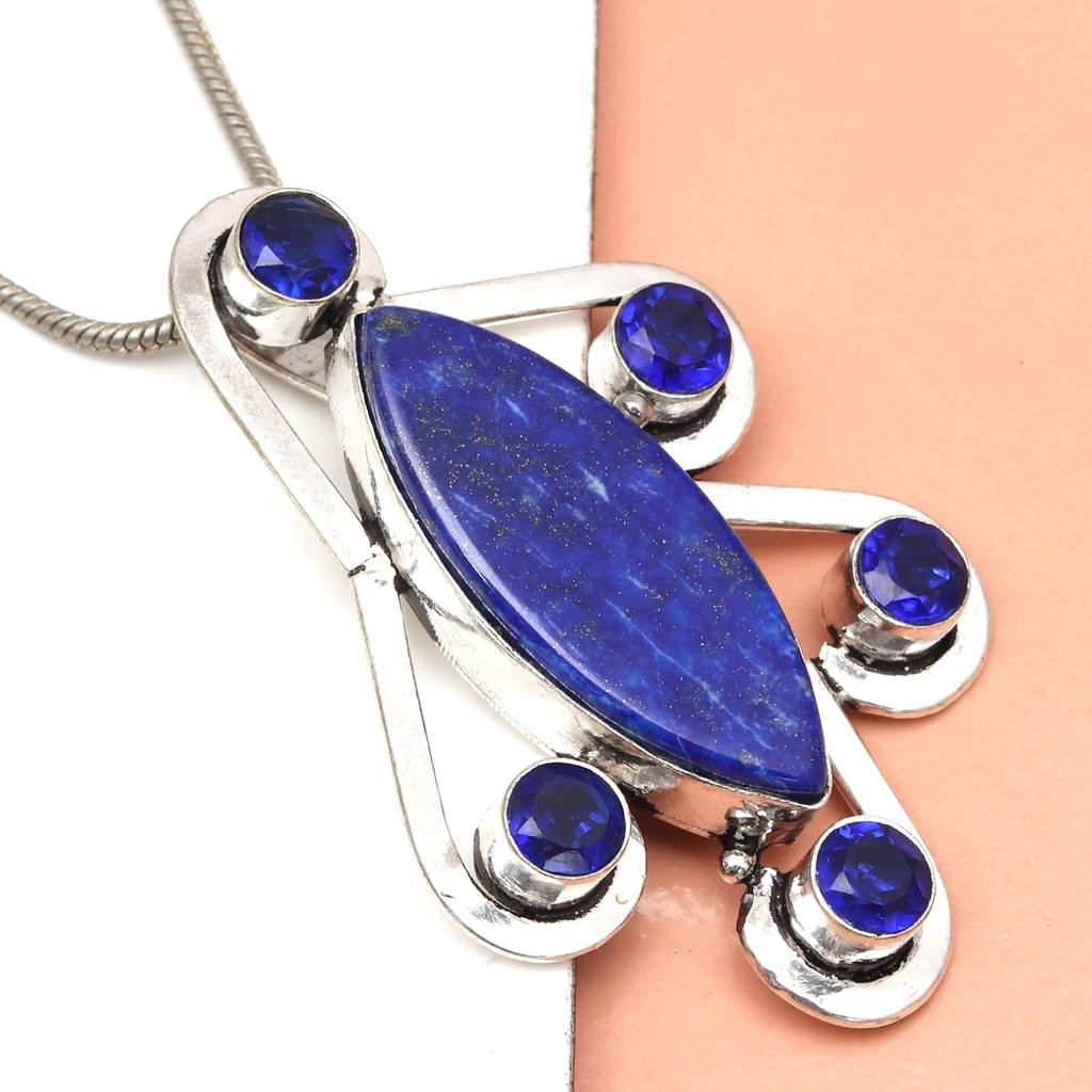 Lapis Silver Necklace Lazuli  Gifted Gemstone Pendant Jewelry 18" Handmade
